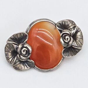 Sterling Silver Roses 925 Carnelian Brooch Vintage Estate